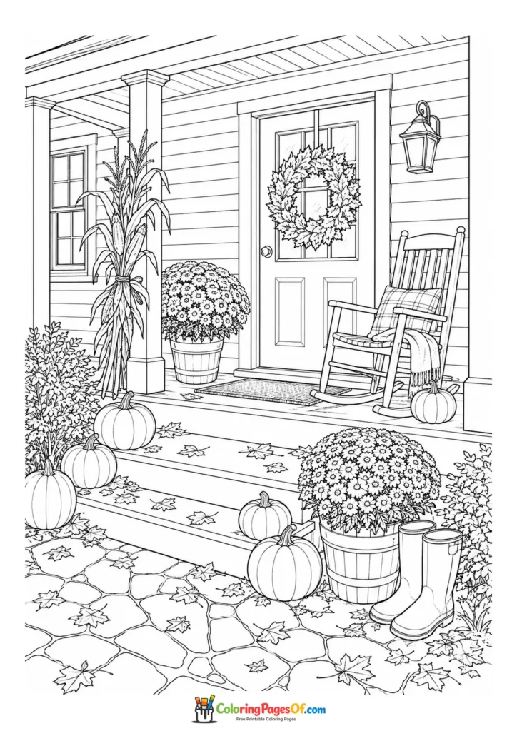 Realistic fall coloring page featuring autumn farmhouse porch