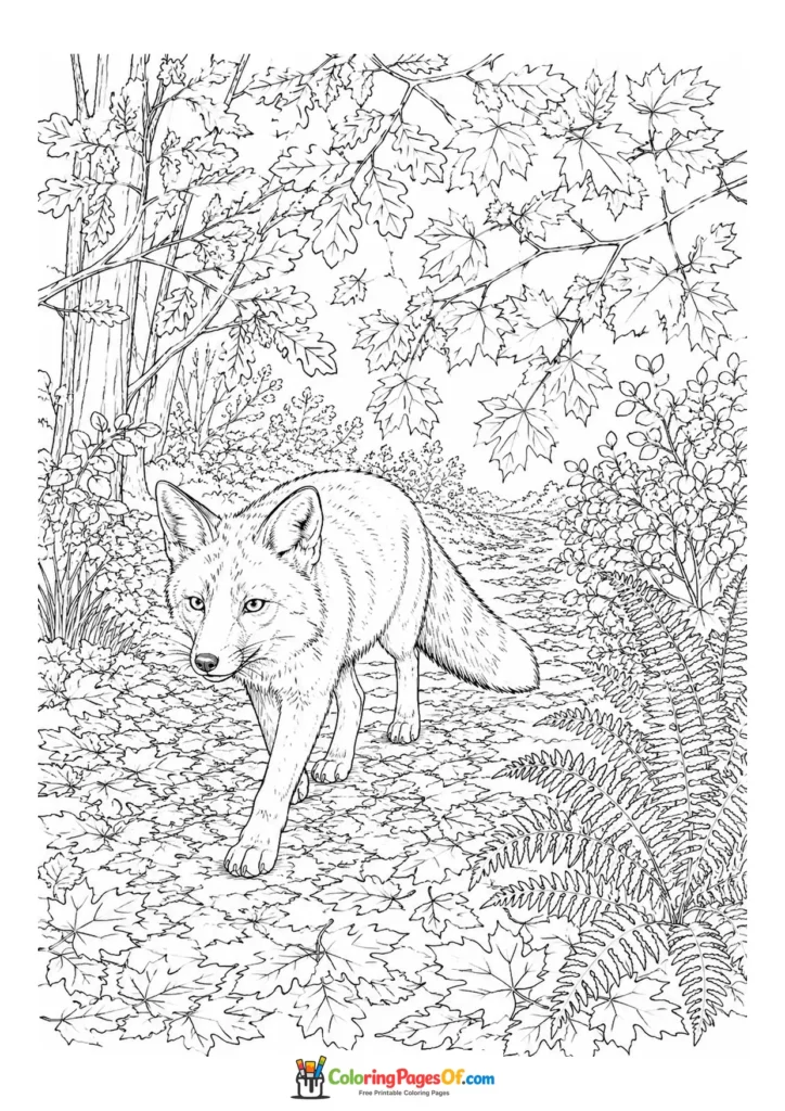 Realistic fall coloring page featuring fox on a forest path