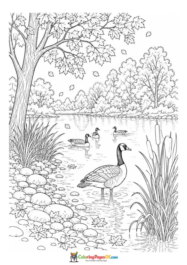 Realistic fall coloring page featuring geese on an autumn lake