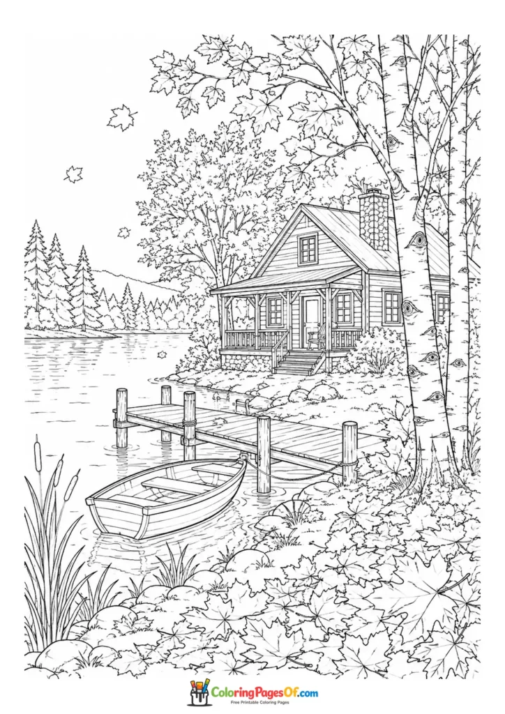 Realistic fall coloring page featuring lakeside cabin in autumn