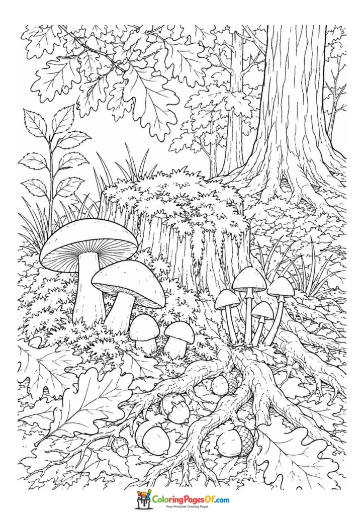 Realistic fall coloring page featuring mushrooms and acorns on the forest floor