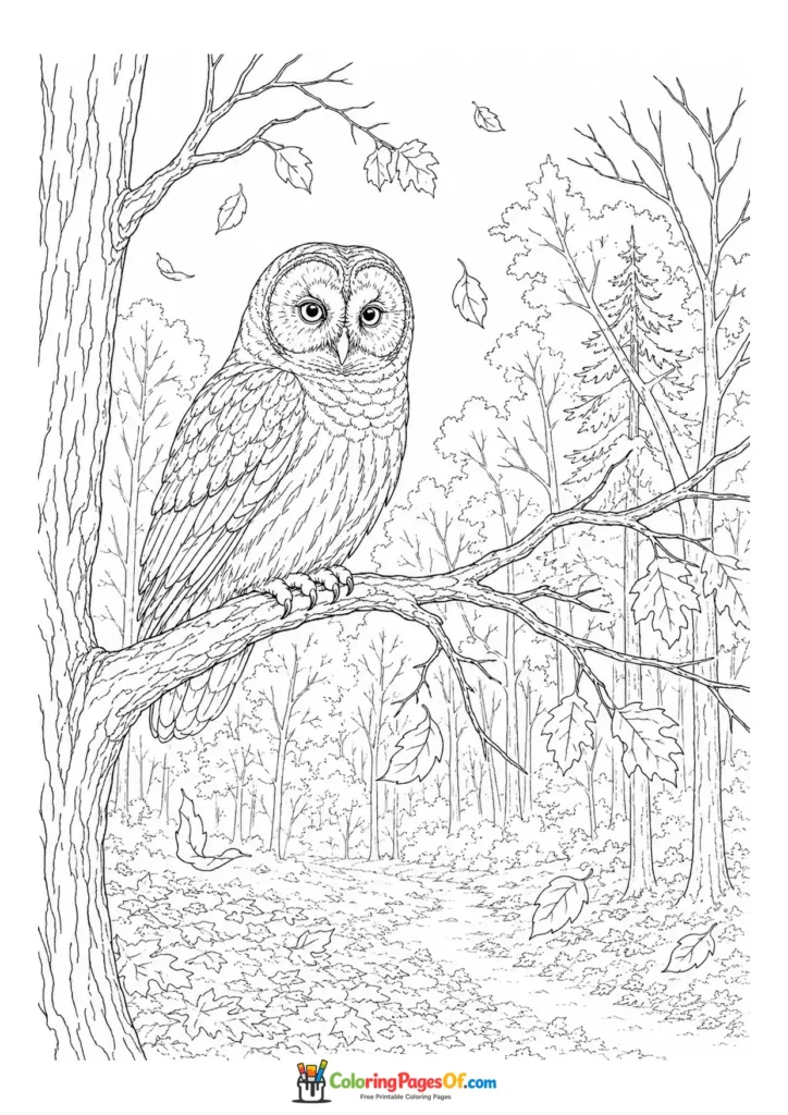 Realistic fall coloring page featuring owl on a tree branch