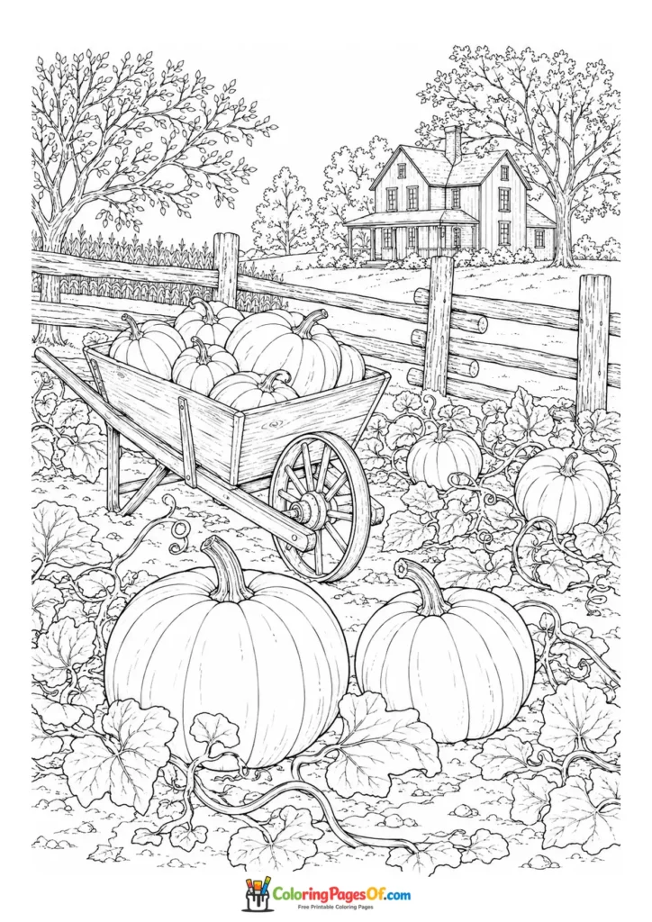 Realistic fall coloring page featuring pumpkin harvest with a wheelbarrow