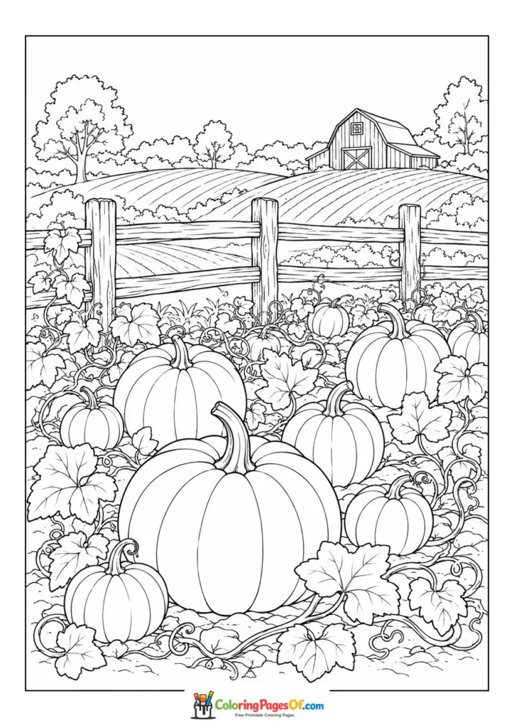Realistic fall coloring page featuring pumpkin patch and barn