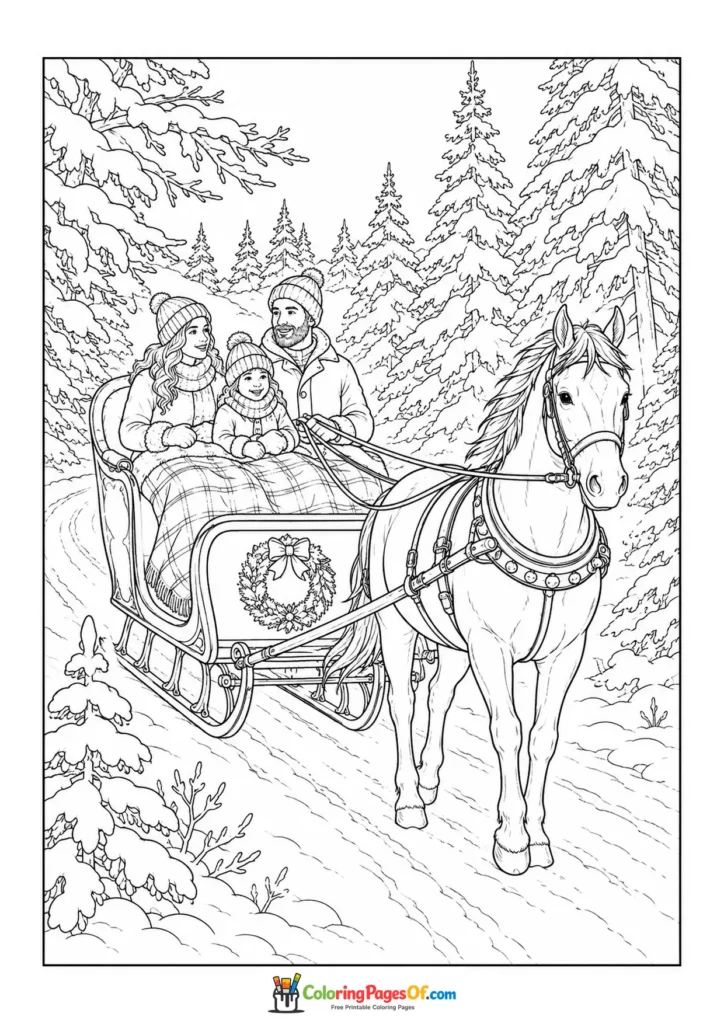 Weihnachten Ausmalbild: Realistische Familie bei einer Fahrt im Pferdeschlitten