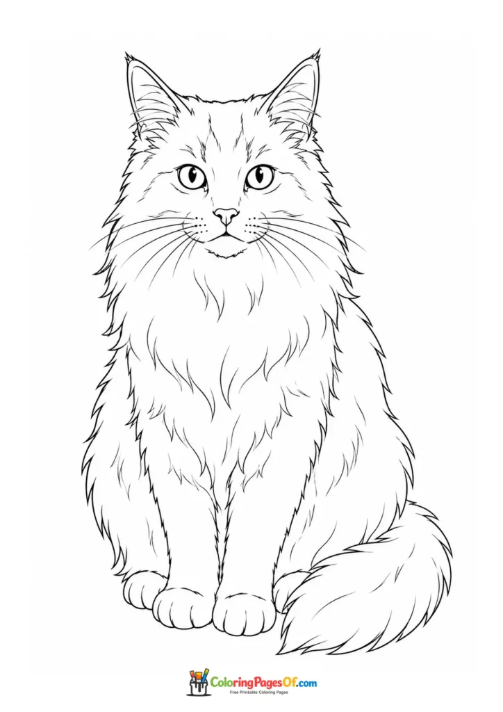 Realistic fluffy cat facing forward – printable black and white coloring page