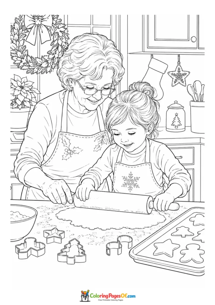 Weihnachten Ausmalbild: Realistische Großmutter und Kind backen Plätzchen