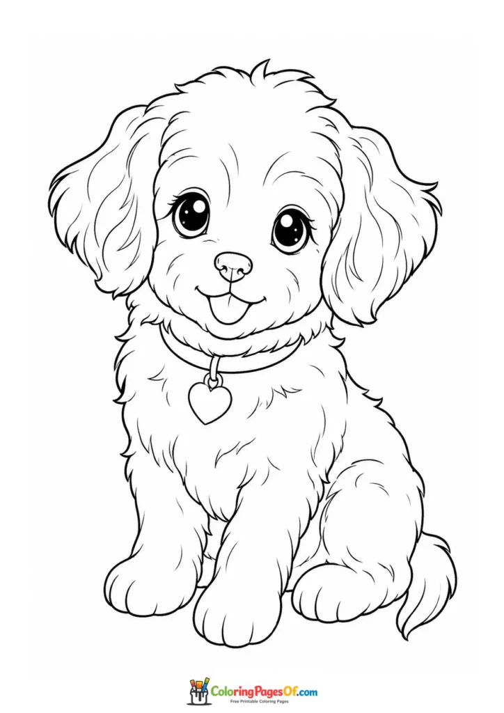 Realistic Kawaii Curly Puppy with a Heart Collar coloring page