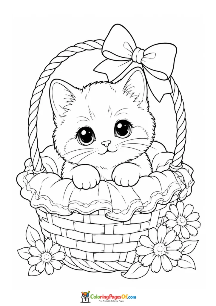 Realistic Kawaii Kitten in a Flower Basket coloring page
