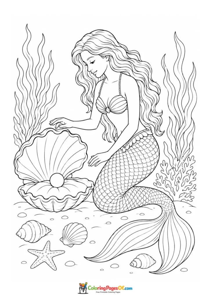Realistic Mermaid Admiring a Giant Pearl coloring page