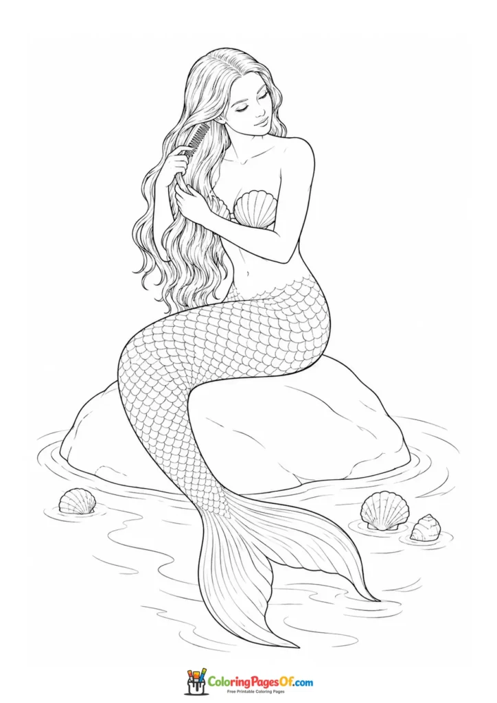 Realistic Mermaid Arranging Her Long Hair coloring page