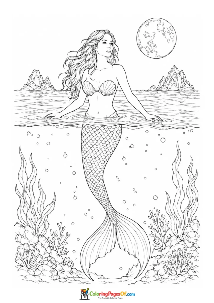 Realistic Mermaid at the Moonlit Ocean Surface coloring page