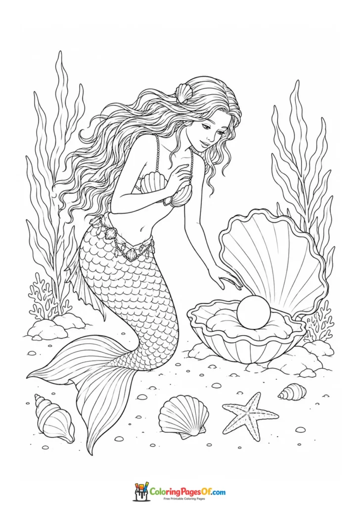 Realistic Mermaid Beside a Pearl Shell coloring page