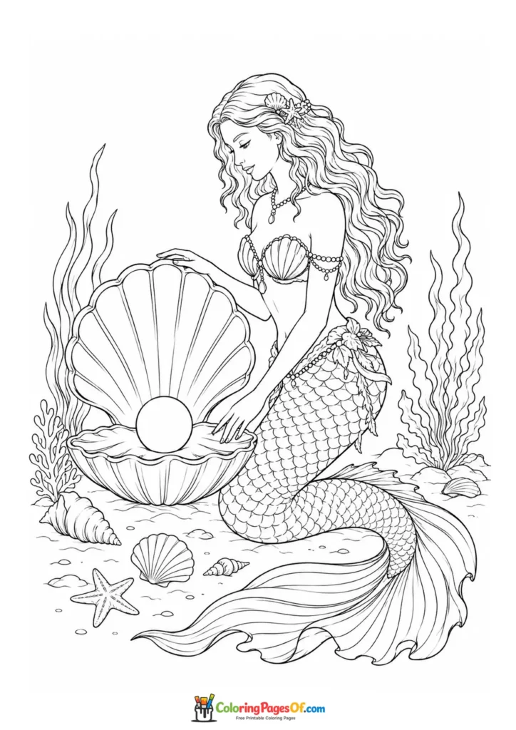 Realistic Mermaid Beside an Open Pearl Shell coloring page