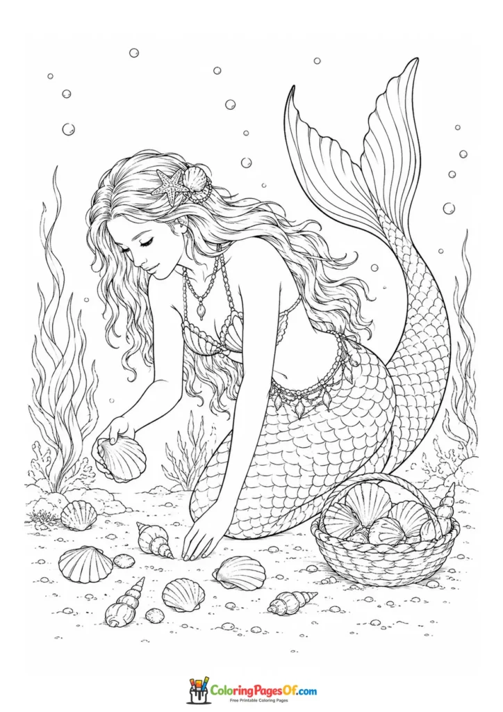 Realistic Mermaid Collecting Seashells coloring page