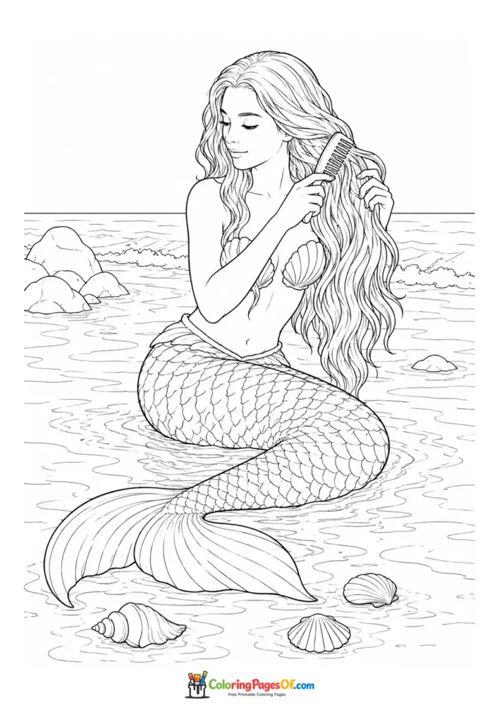 Realistic Mermaid Combing Her Long Hair coloring page