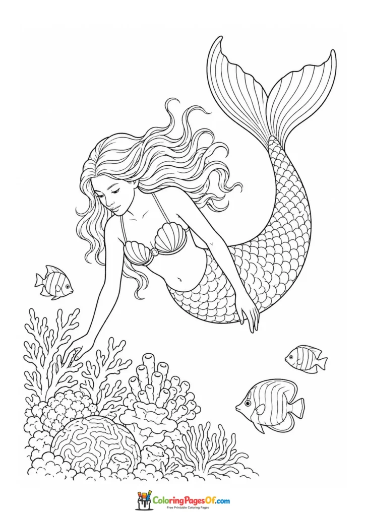 Realistic Mermaid Diving Toward a Coral Reef coloring page