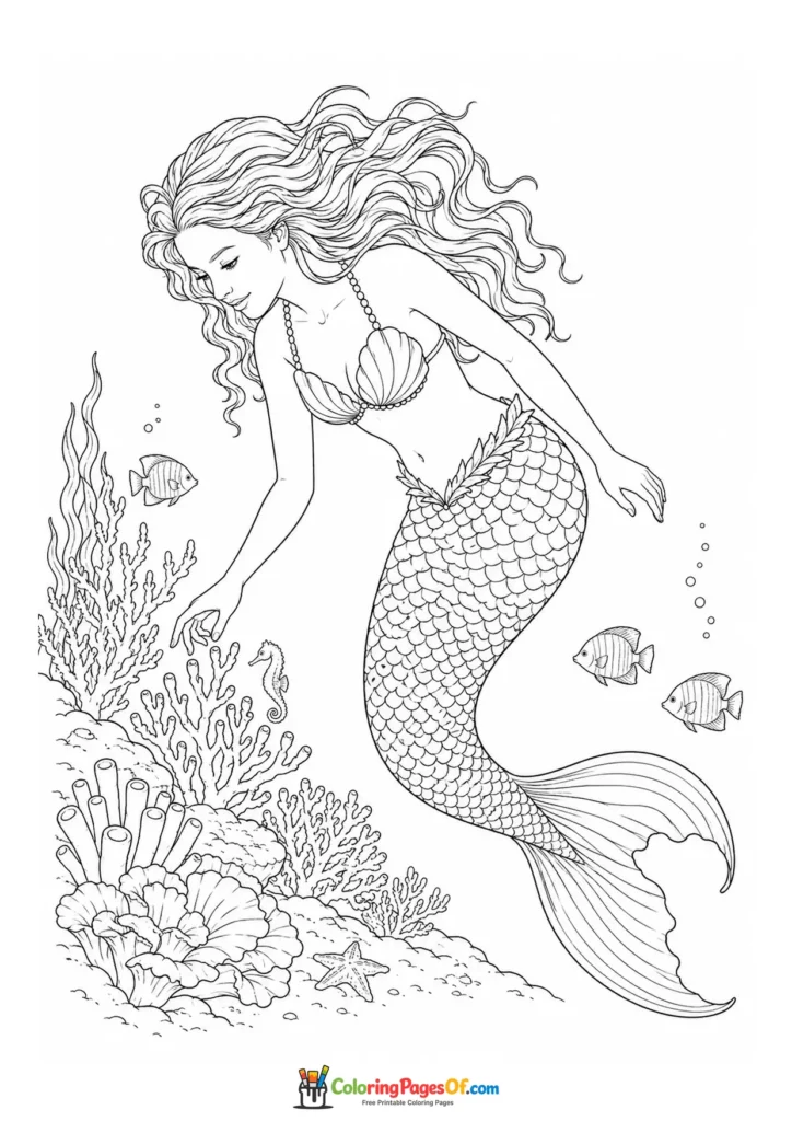 Realistic Mermaid Exploring a Coral Reef coloring page