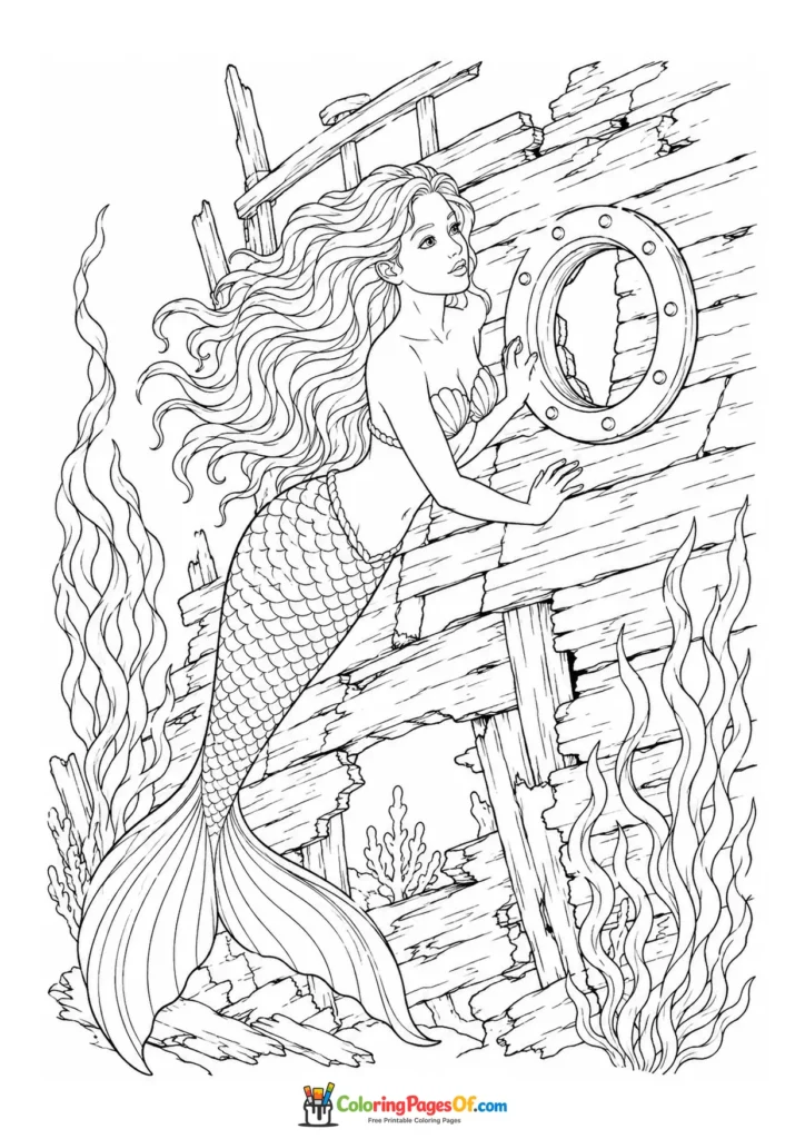 Realistic Mermaid Exploring a Sunken Ship coloring page