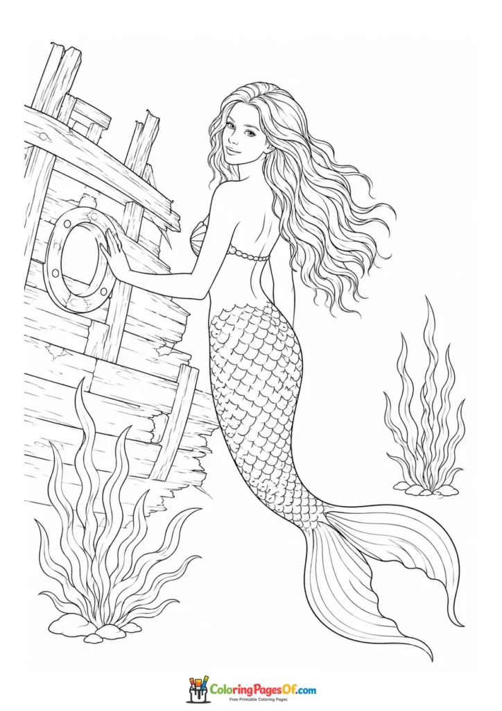 Realistic Mermaid Exploring a Wooden Shipwreck coloring page