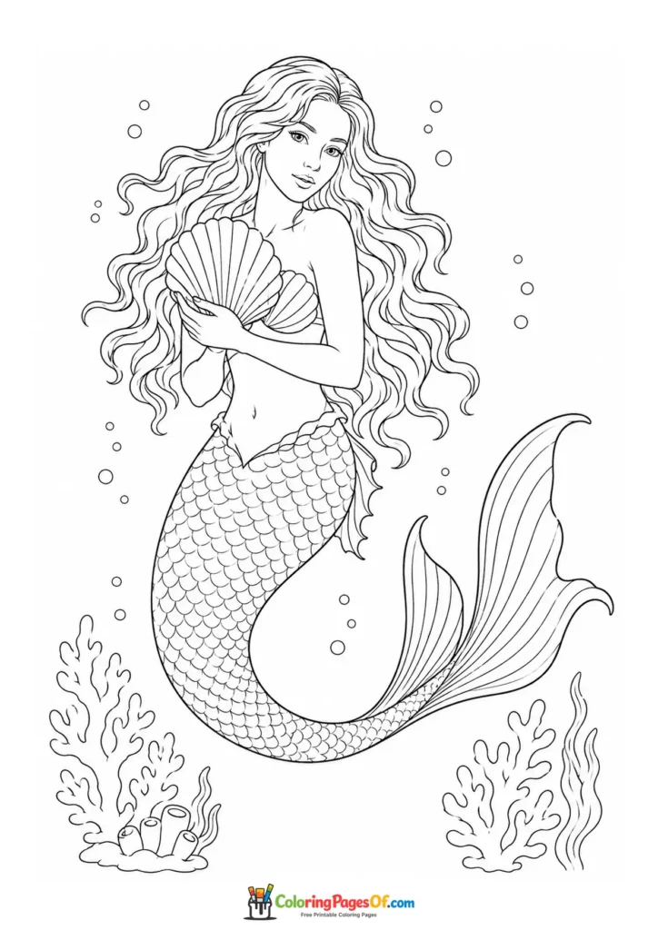 Realistic Mermaid Holding a Large Seashell coloring page
