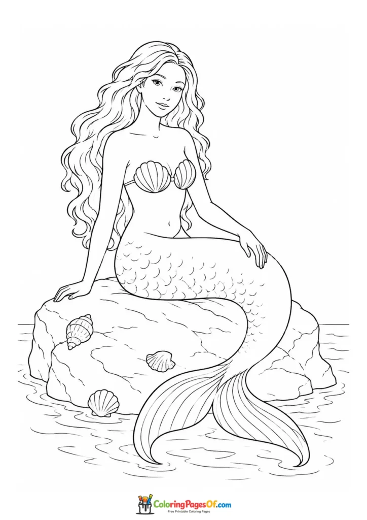 Realistic Mermaid Resting on a Sea Rock coloring page