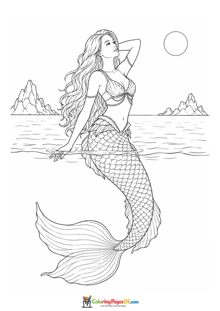Realistic Mermaid Rising from the Moonlit Sea coloring page