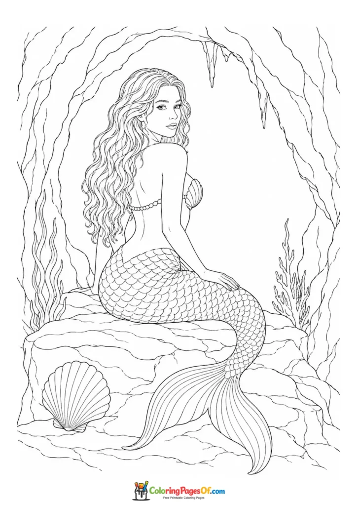 Realistic Mermaid Sitting in an Underwater Cave coloring page