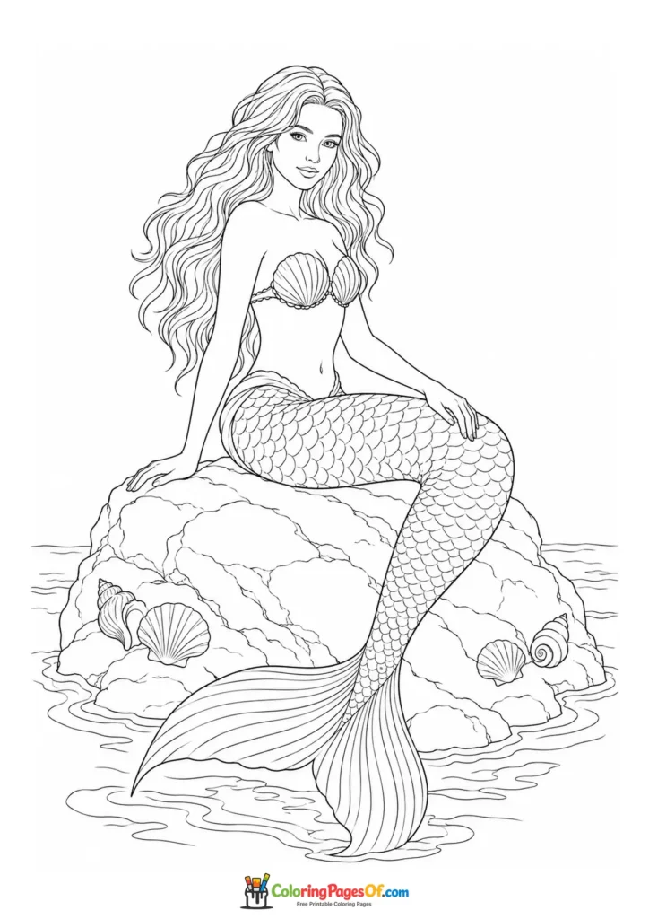 Realistic Mermaid Sitting on a Seaside Rock coloring page