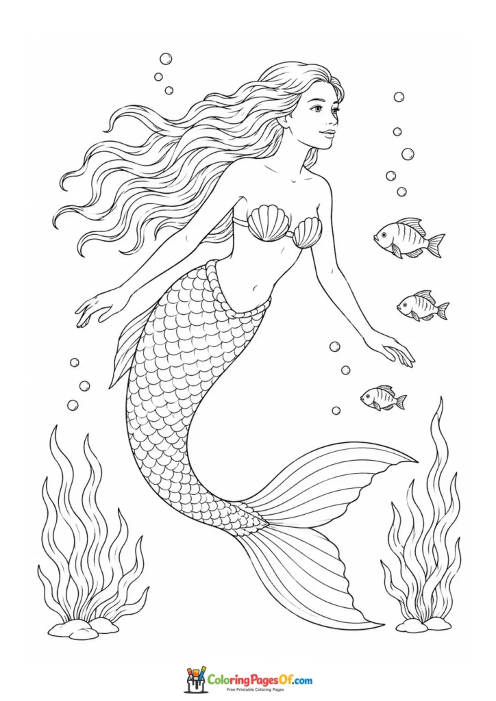 Realistic Mermaid Swimming with Small Fish coloring page