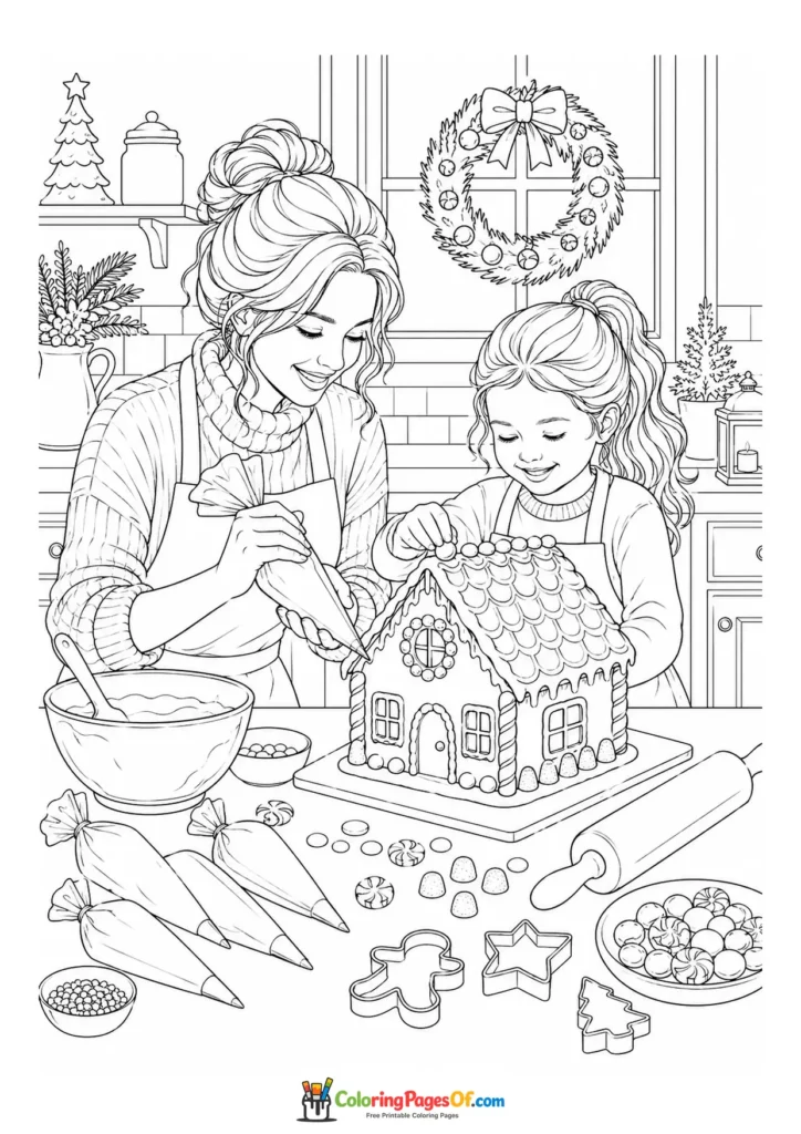 Weihnachten Ausmalbild: Realistische Mutter und Kind bauen ein Lebkuchenhaus