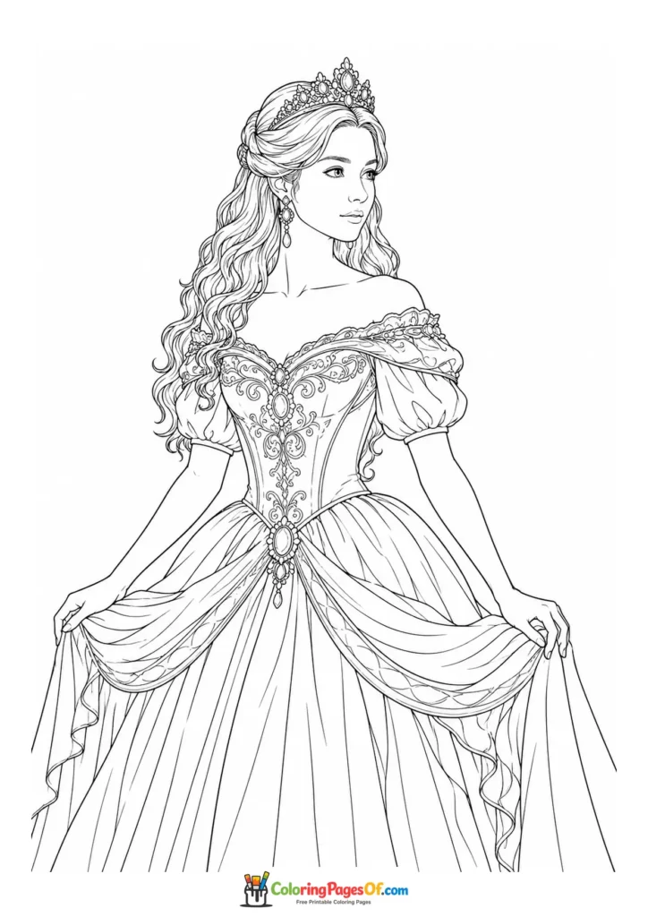 Realistic princess holding the sides of her dress coloring page