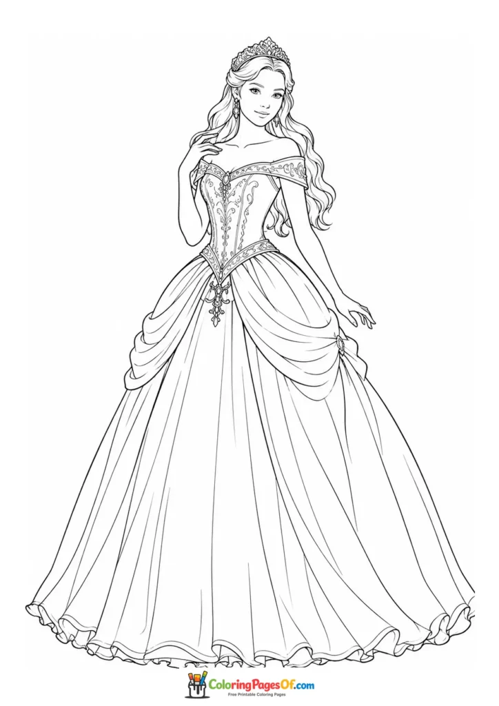 Realistic princess standing in an elegant long gown coloring page