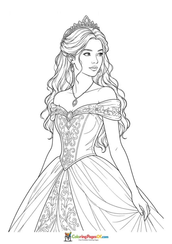 Realistic princess wearing an ornate ball gown coloring page