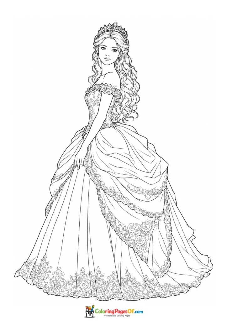 Realistic princess looking back in a lace-decorated gown coloring page