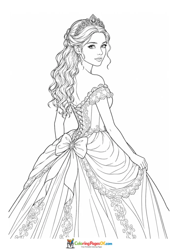 Realistic princess looking over her shoulder in an ornate gown coloring page