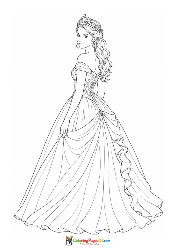 Realistic princess shown from the side in a long ball gown coloring page