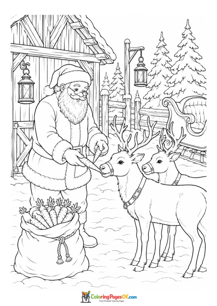 Weihnachten Ausmalbild: Realistischer Weihnachtsmann füttert Rentiere