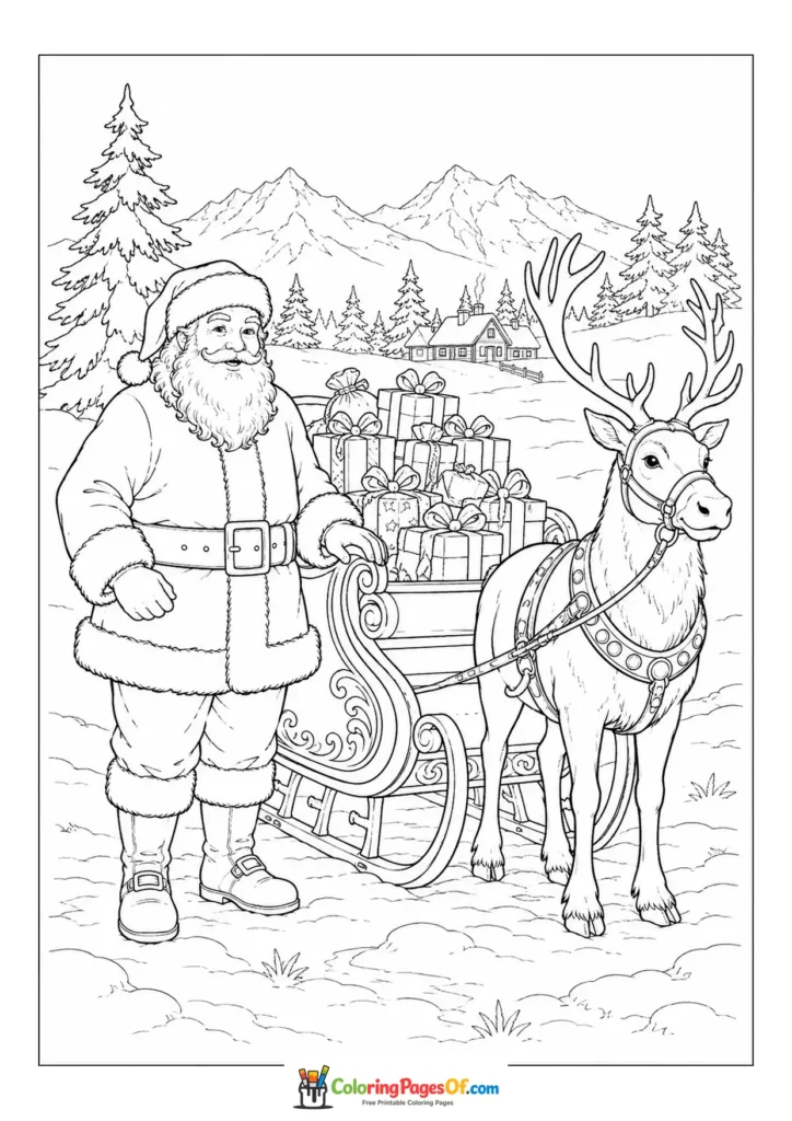 Weihnachten Ausmalbild: Realistischer Weihnachtsmann mit Rentieren und Schlitten
