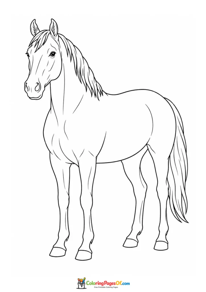 Realistic standing horse side view coloring page