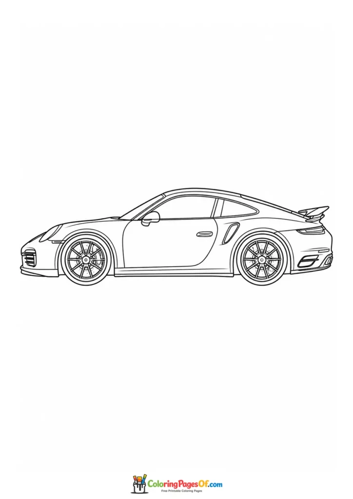 Black and white rear-engine sports car side view coloring page