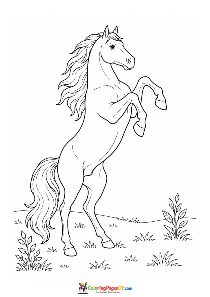 Rearing horse in a meadow coloring page
