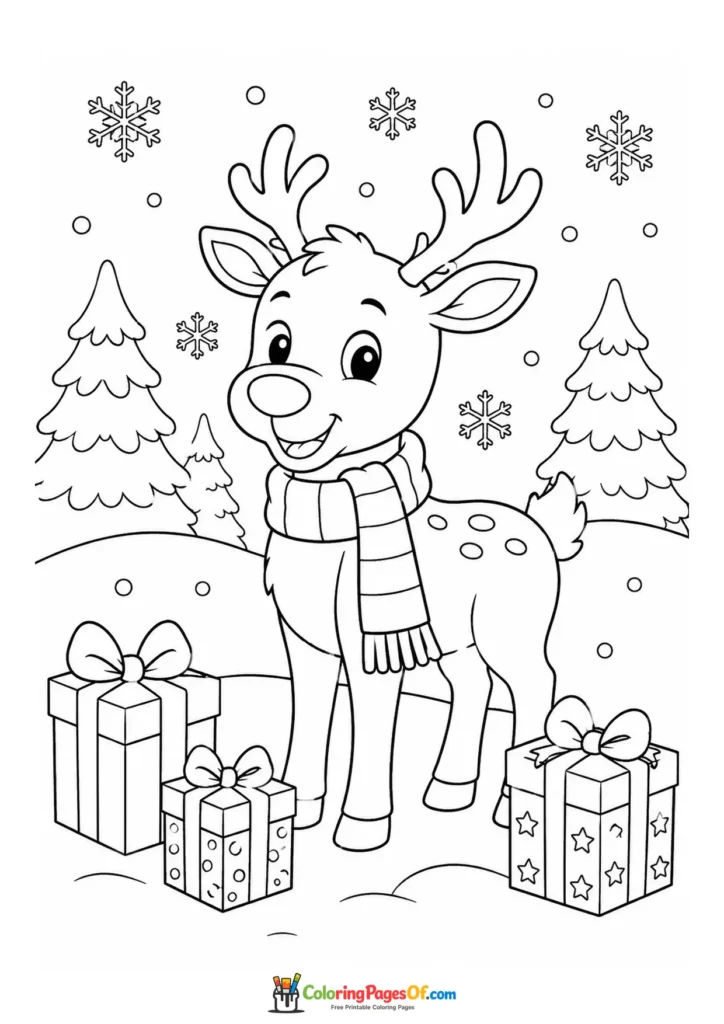 Weihnachten Ausmalbild: Rentier mit Schal und Geschenken