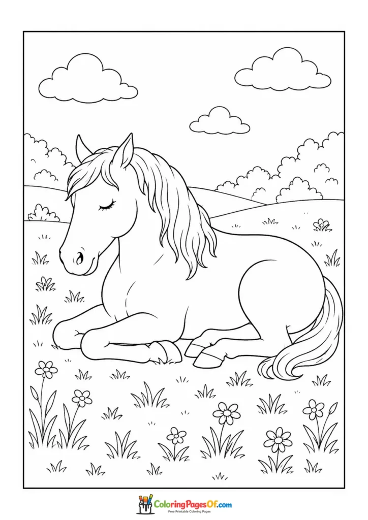 Resting horse in a flower meadow coloring page