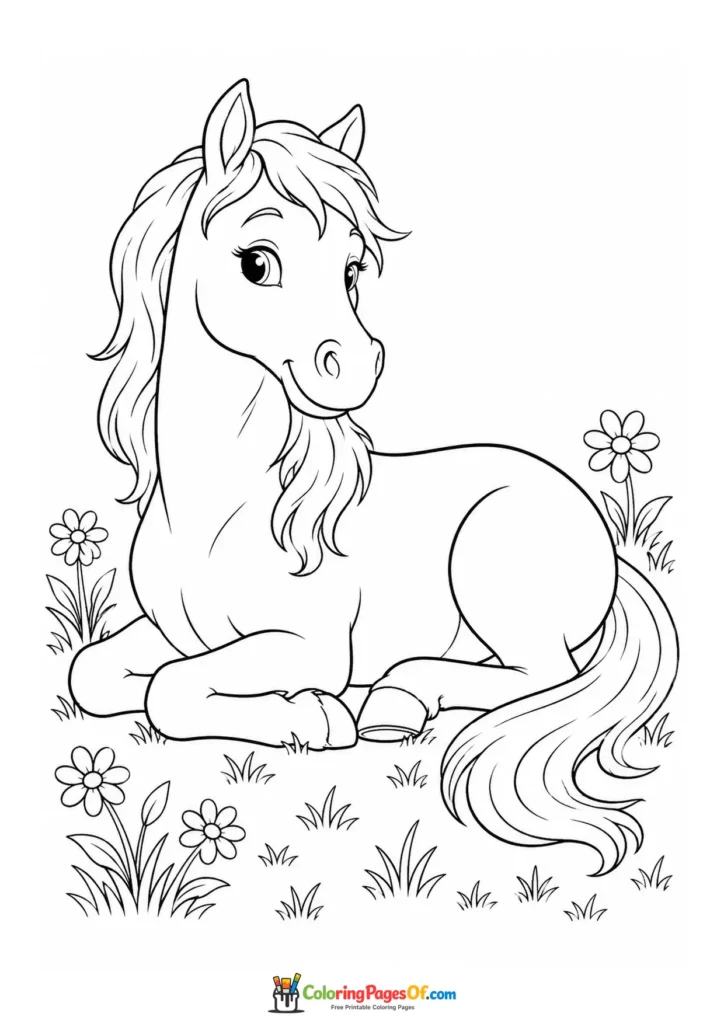 Resting pony in a flower meadow coloring page