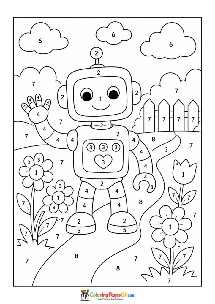 Robot in Flower Garden color by number coloring page