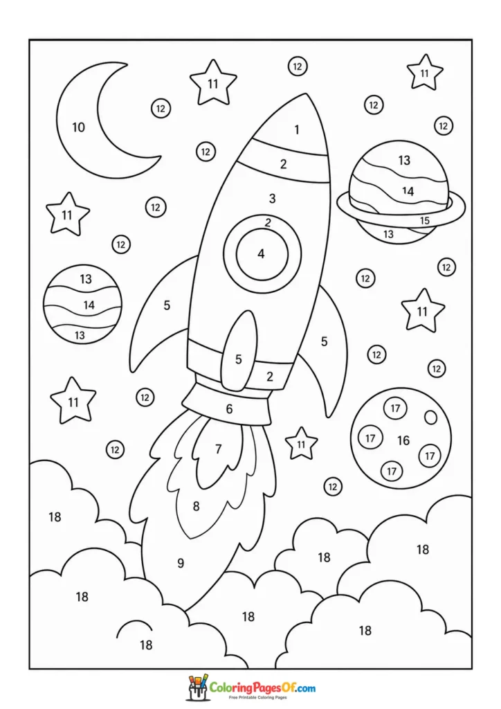 Rocket in Space color by number coloring page
