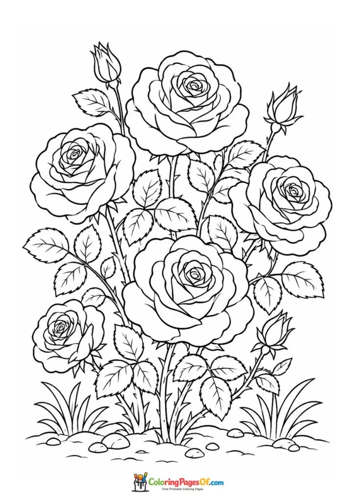Large rose bush filled with open roses, buds and leaves coloring page