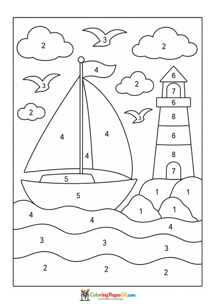 Sailboat and Lighthouse at Sea color by number coloring page