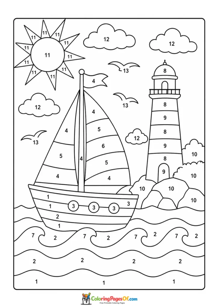 Sailboat by Lighthouse color by number coloring page